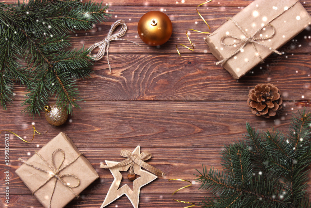 Beautiful background Christmas or New Year with a place for text on a colored background with bokeh of lights and snow Beautiful background Christmas or New Year with a place for text on a colored background with bokeh of lights and snow