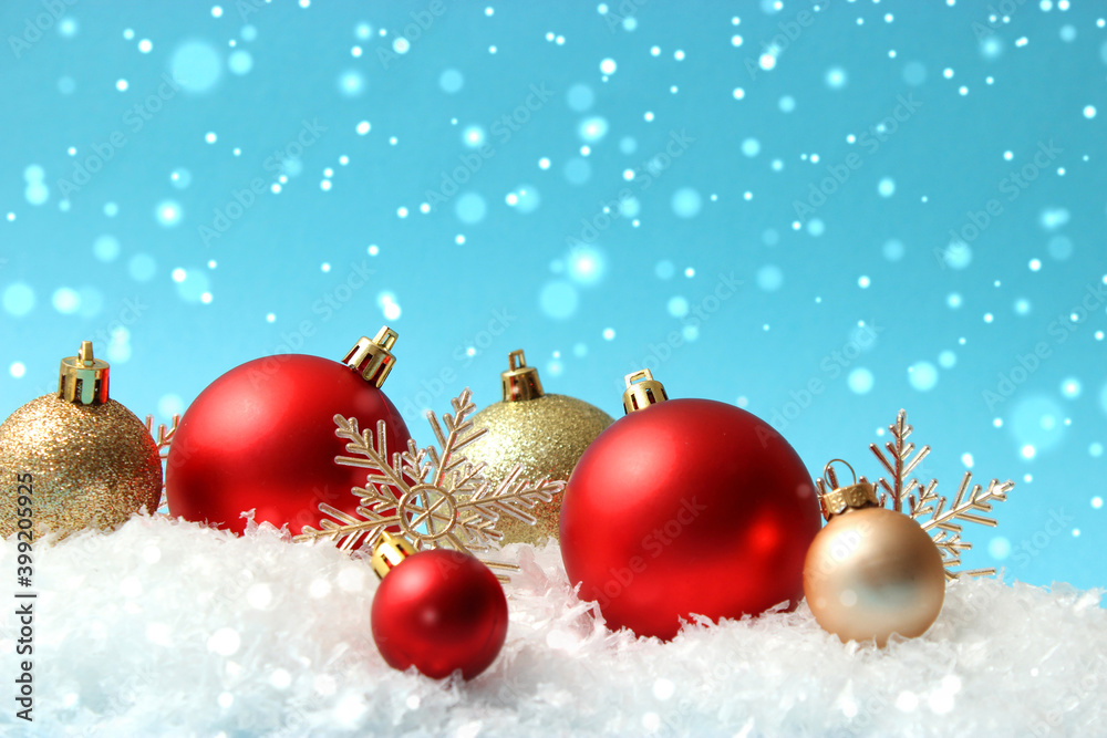 Beautiful background Christmas or New Year with a place for text on a colored background with bokeh of lights and snow