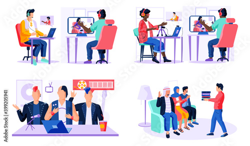 Set of illustrations on the topic of processing a track on a computer. The process of making a music video. Colleagues work in the studio. People are sitting with headphones and listening to music