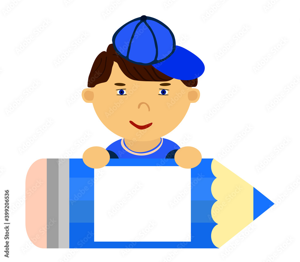 Happy boy with blue pencil with frame for text Happy boy with blue pencil with frame for text