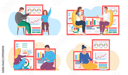Businesspeople analyzes graphs and charts on the background. The marketer studies information. Children near statistics poster. Statistical analyzes of financial work in the office set of four scenes