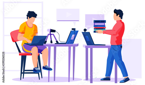 Speech improvement concept. People spend time in the recording studio. Voice and speech training. Guy with the laptop is making music. Man carries a stack of folders. Voice projection techniques