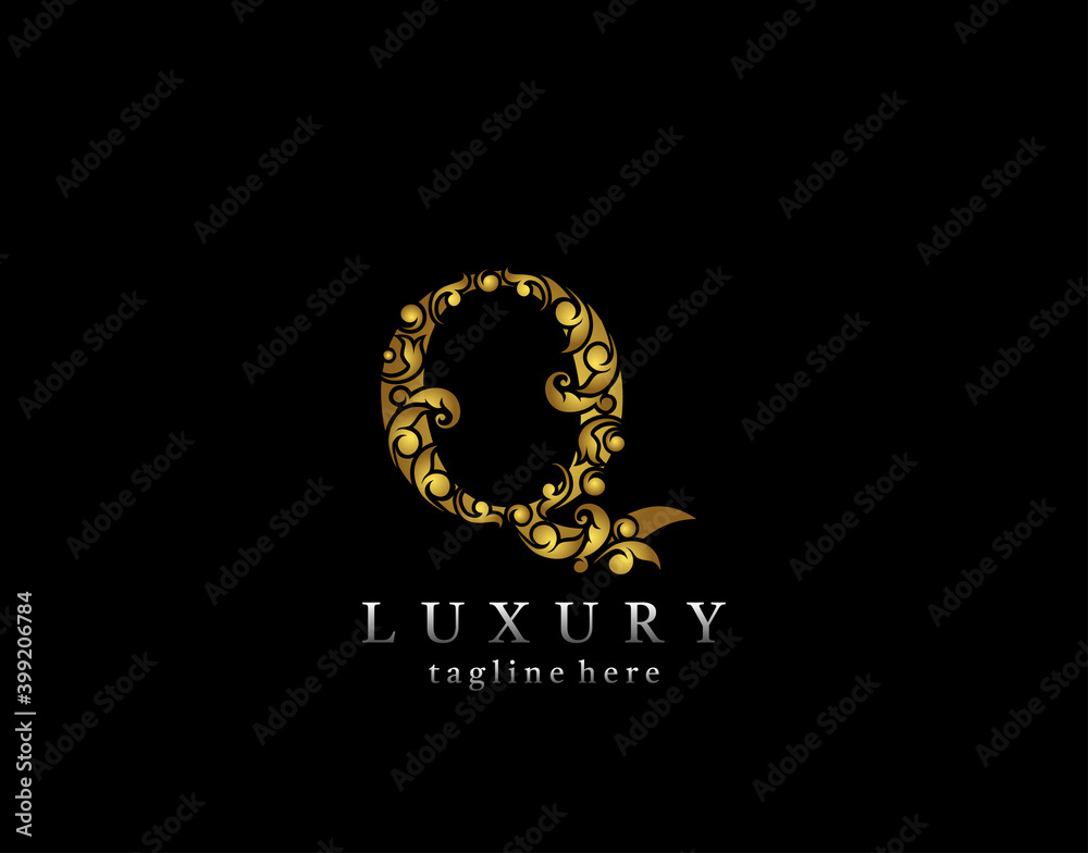Elegant Q Letter Gold logo icon, luxury flourishes ornament monogram design vector.