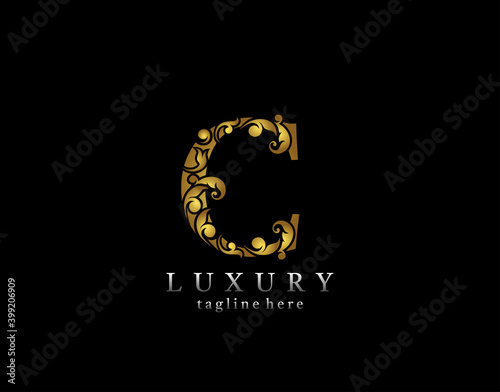 Elegant C Letter Gold logo icon, luxury flourishes ornament monogram design vector.