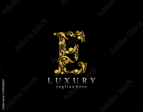 Elegant E Letter Gold logo icon, luxury flourishes ornament monogram design vector.
