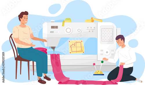 The guy is holding a piece of cloth in his hands. Seamstresses work with big sewing machine. Designers are planning future garment. Men communicates while working. Young male characters at the atelier