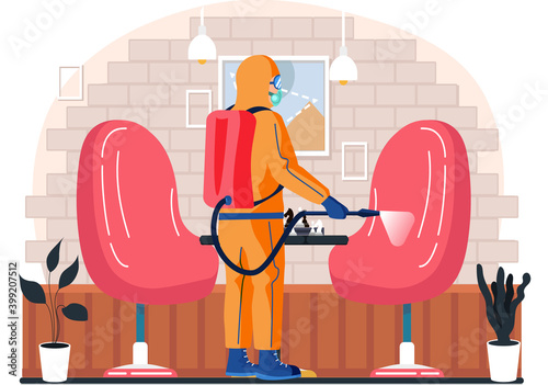 Man from epidemiological service doing disinfection at home or caffee to kill viruses and bacteria flat vector illustration. Male character in a protective suit sprays a room with disinfectant solute