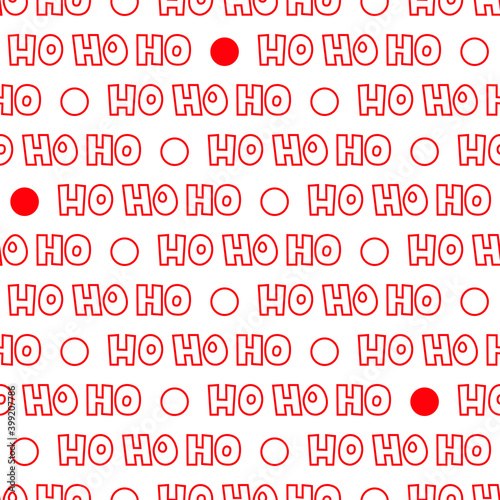 Seamless pattern of red circles and Ho ho ho, Santa Claus laugh. Vector illustration on a white background.