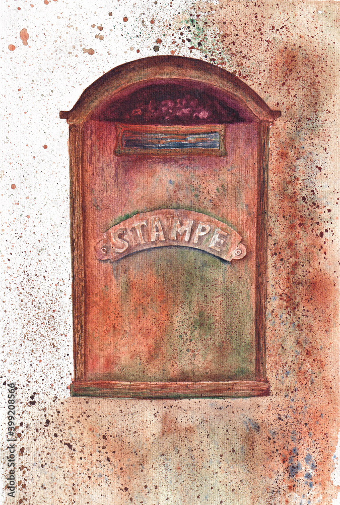 Old rusty mail box. Hand painted watercolor illustration