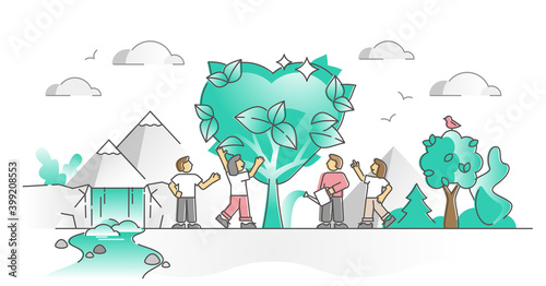 Love nature and sustainable environment protection or care outline concept