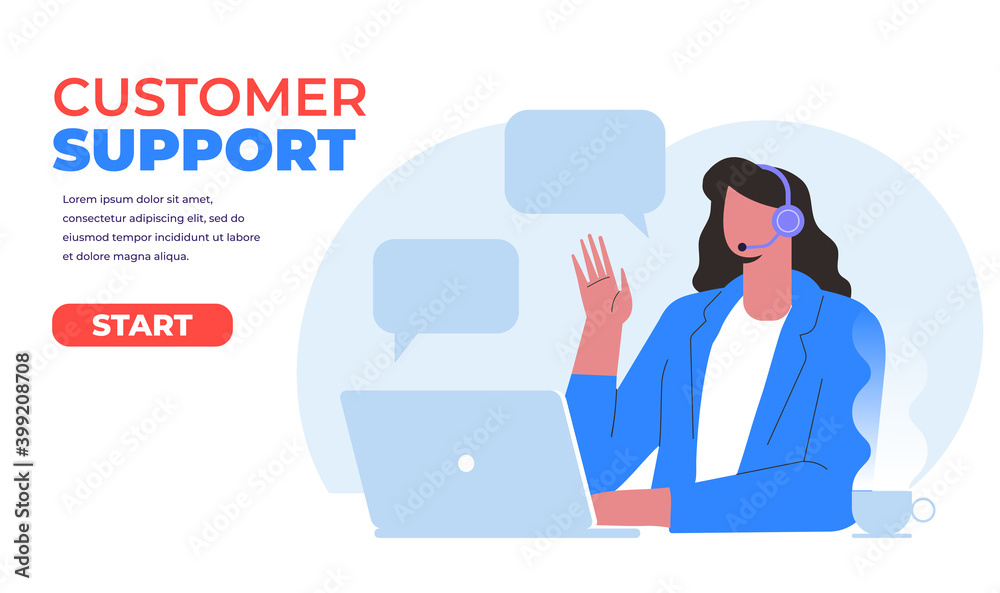 Customer support. Hotline operator. Concept illustration for support, call center. Woman with headphones and microphone with laptop. Flat Vector illustration