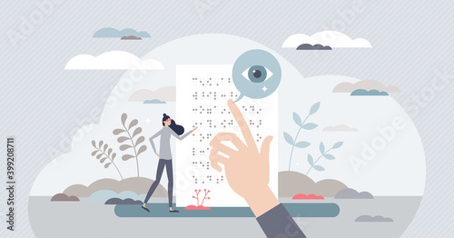 Reading Braille text as blind system with touching dots tiny person concept photo