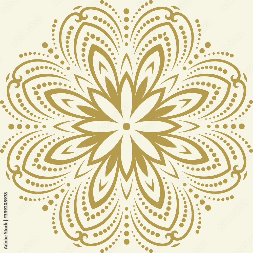 Oriental vector pattern with arabesques and floral elements. Traditional classic round golden ornament. Vintage pattern with arabesques