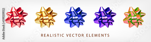 Set of colorful bows, red, blue, violet, gold, metallic isolated on white. Realistic vector elements for holiday.