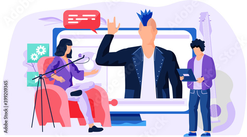 Woman talk to boy about a movie near the monitor. Man is pressing play button. A people stand and look at a rocker in a leather jacket. Girl sits in a chair next to the microphone vector illustration