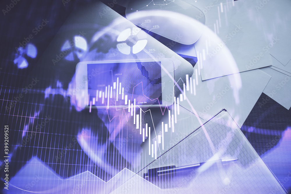 Multi exposure of forex graph hologram over desktop with phone. Top view. Mobile trade platform concept. Multi exposure of forex graph hologram over desktop with phone. Top view. Mobile trade platform concept.
