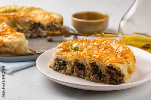 Rolled Burek - savoury pie fith meat and mushrooms feeling, decorated with sesam seedes. Peace of pie on a white table.