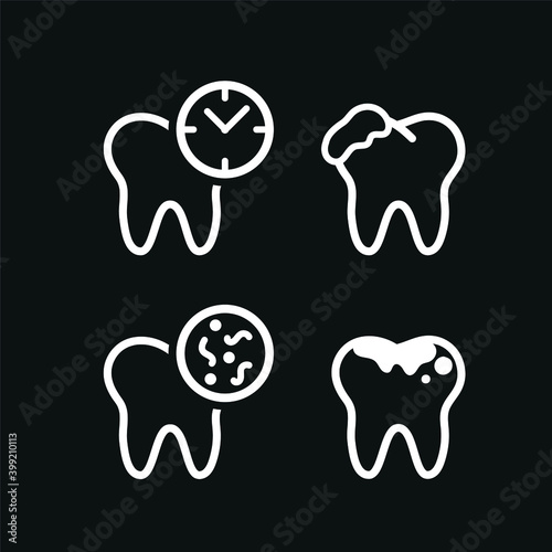 Vector image. Collection of grinding wheels icons. Image of cavities, molar implant and toothache.