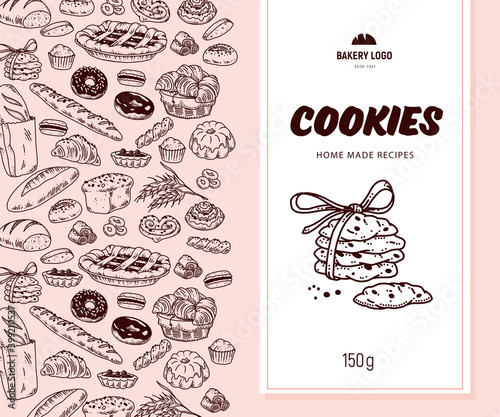 Fotografia Vector packaging design with bakery goods pattern and cookies label / banner