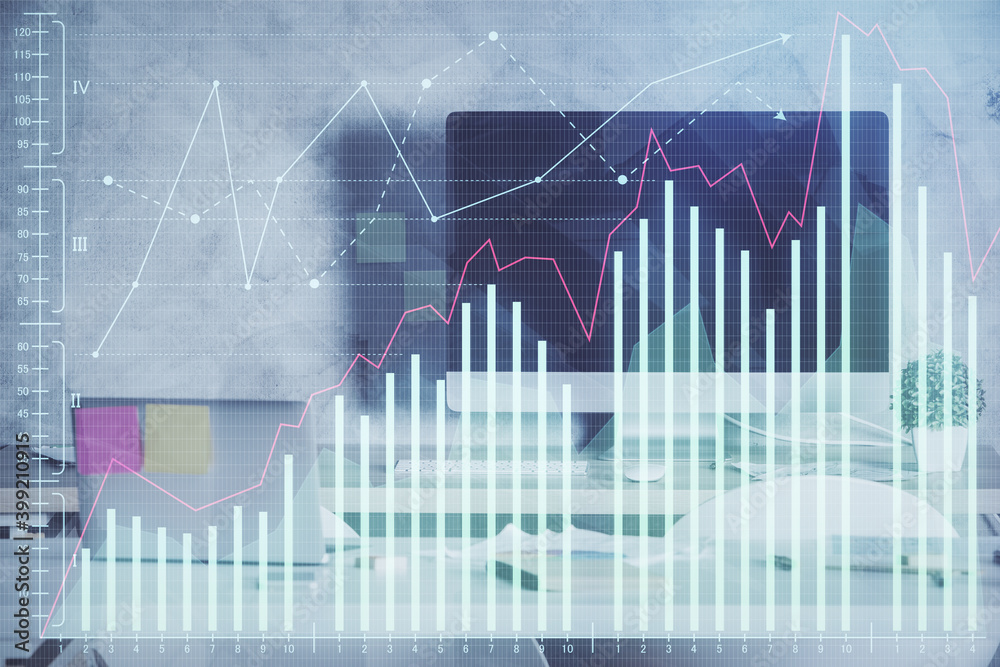 Multi exposure of financial graph drawing and office interior background. Concept of market analysis. Multi exposure of financial graph drawing and office interior background. Concept of market analysis.