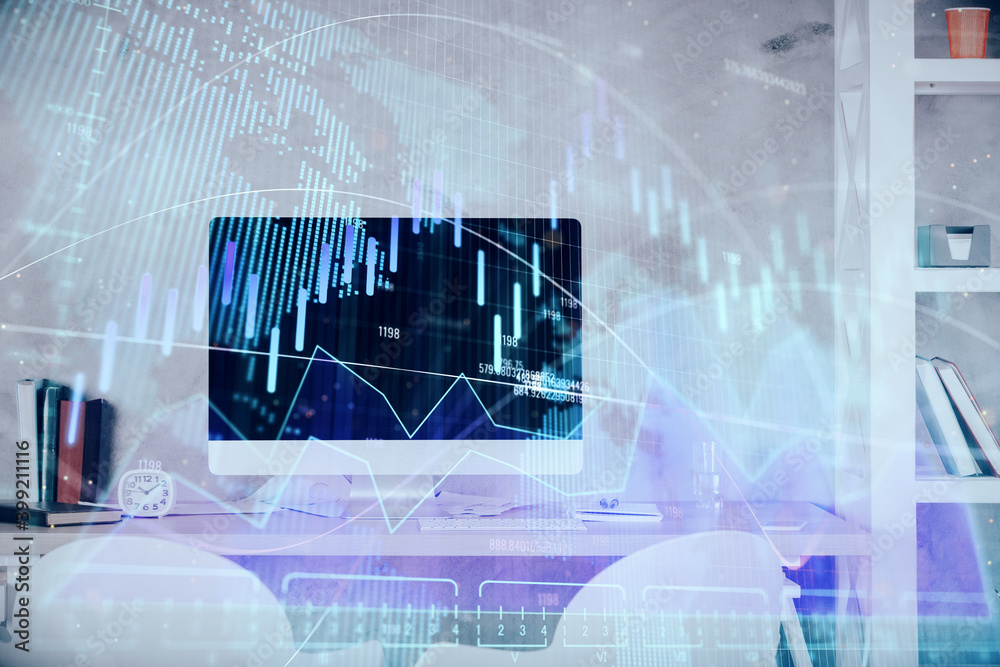 Multi exposure of stock market chart drawing and office interior background. Concept of financial analysis. Multi exposure of stock market chart drawing and office interior background. Concept of financial analysis.