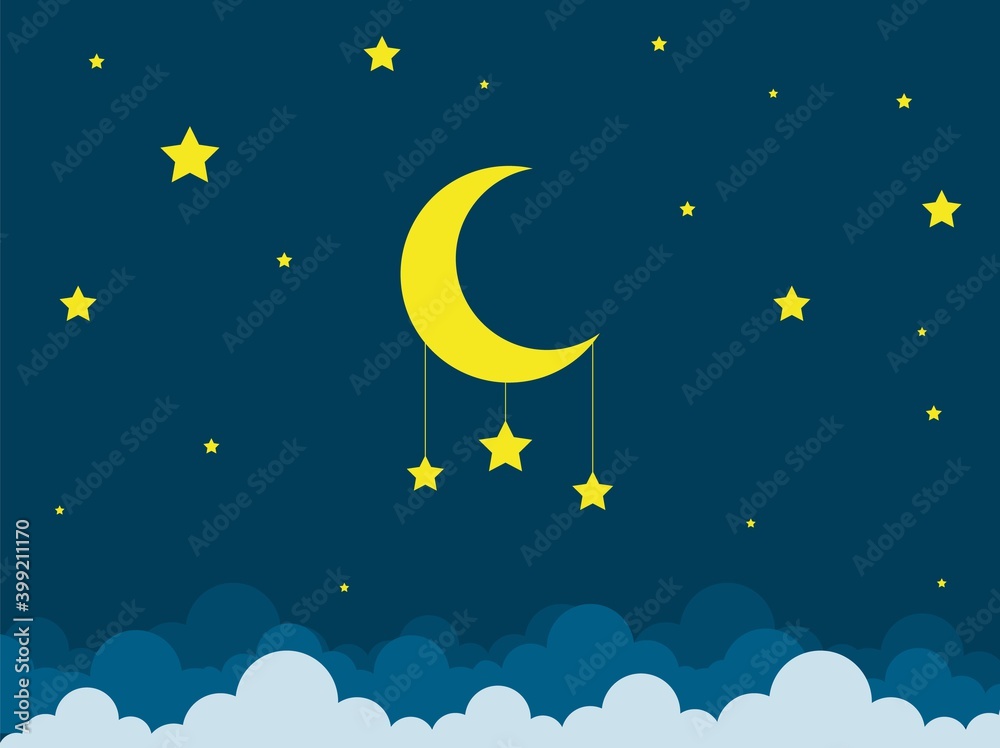 Night scene with moon and stars. Nightly sky with large moon. Good night sky card.