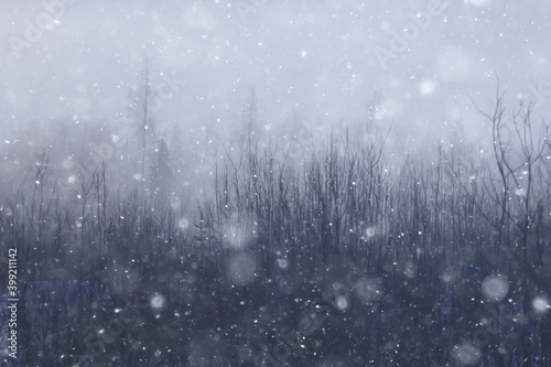 blurred background snowfall nature, abstract falling snowflakes design