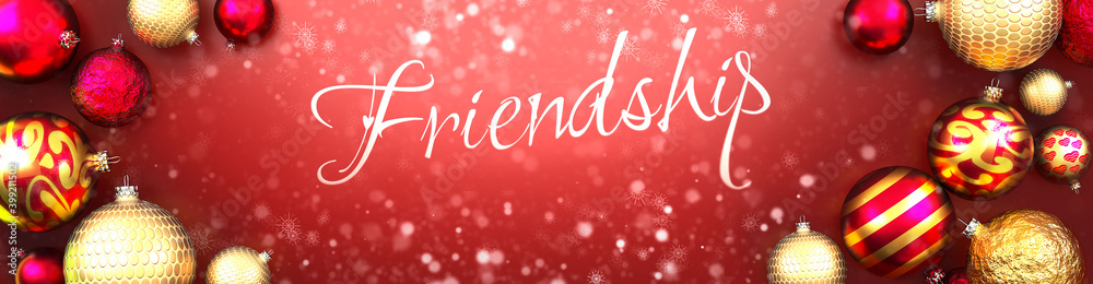 Friendship and Christmas card, red background with Christmas ornament balls, snow and a fancy and elegant word Friendship, 3d illustration