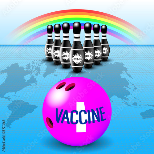 3D Bowling black skittles with the stylistic sign of the coronavirus covid-19 and a ball with the inscription vaccine on the background of the world map and a rainbow. EPS10