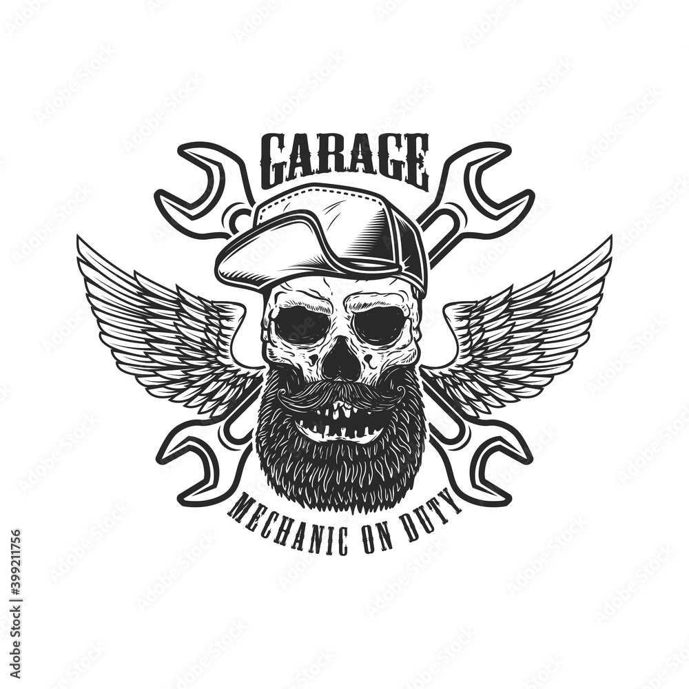 Mechanic on duty. Bearded skull in baseball cap with wings and crossed wrenches. Design element for logo, label, sign, emblem, poster, t shirt. Vector illustration Mechanic on duty. Bearded skull in baseball cap with wings and crossed wrenches. Design element for logo, label, sign, emblem, poster, t shirt. Vector illustration