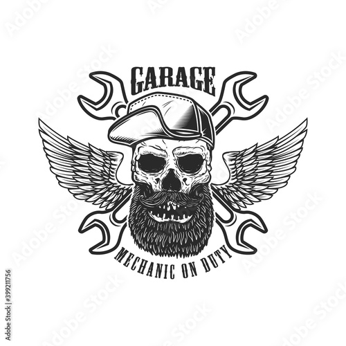  Mechanic on duty. Bearded skull in baseball cap with wings and crossed wrenches. Design element for logo, label, sign, emblem, poster, t shirt. Vector illustration