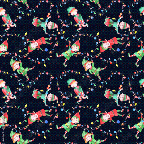 Christmas Elves, Holiday colourful seamless pattern. Print for fabrics, wrapping paper, textile design