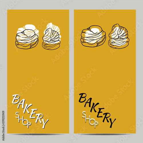 Hand drawn set of bakery shop poster with profiterole. Design sketch element for menu cafe, bistro, restaurant, bakery and packaging.  Vector illustration.