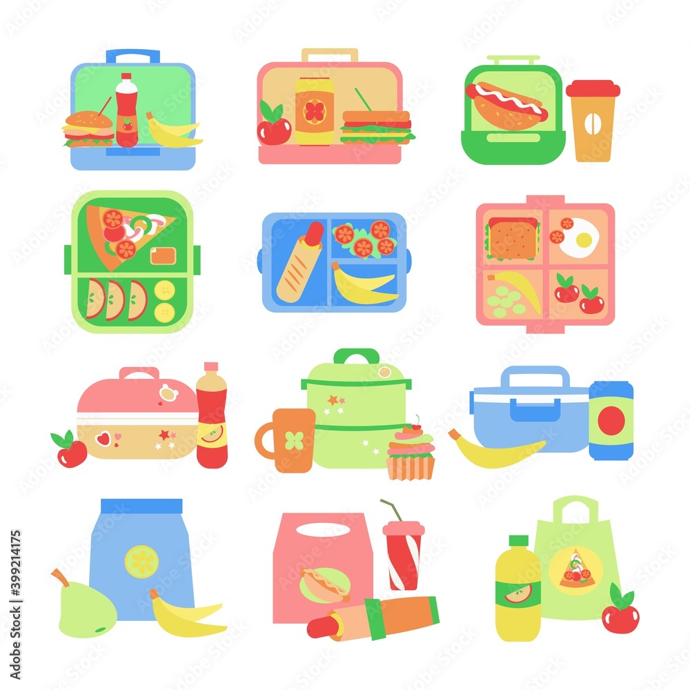 Set of lunch box and food Flat illustration Set of lunch box and food Flat illustration