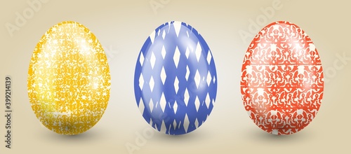 Traditional set of eggs in pastel hand drawn textures on a light gradient background.