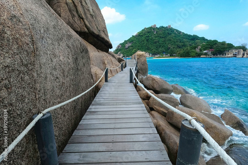 Wooden pathway built on a Koh Nangyuan island near Koh Tao island, Surat Thani in Thailand.
