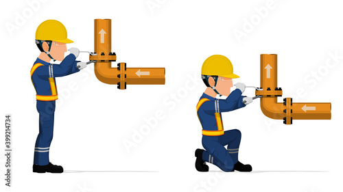An industrial worker is fastening flange on white background.