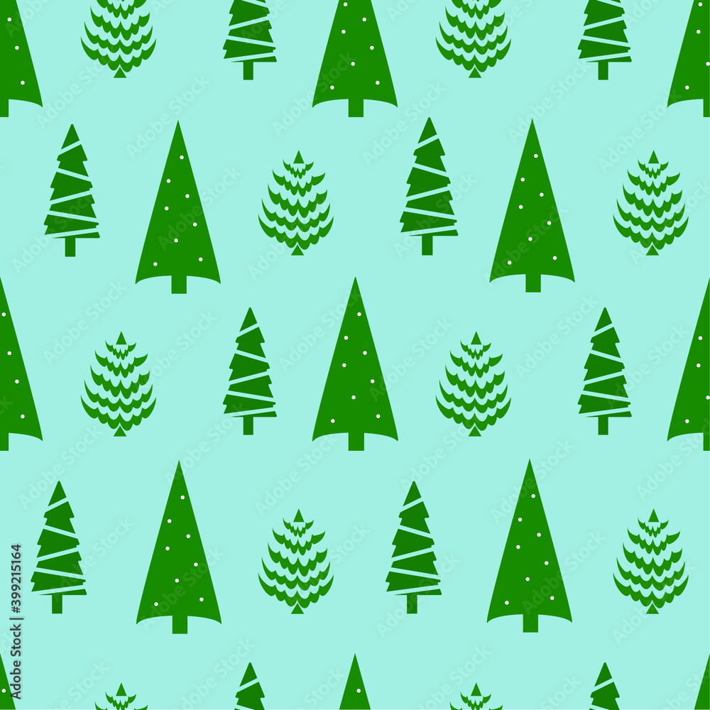 Christmas trees with festive balls on a blue background. Seamless pattern. Winter decor. Vector illustration. For textile, poster and postcards.