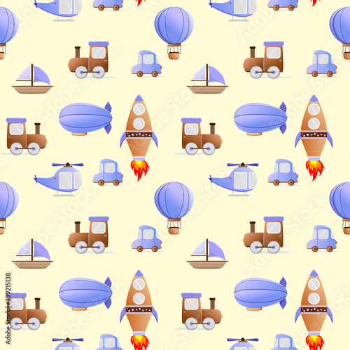 Children's seamless pattern with various vehicles on a yellow background. Rocket, car, ship, airship, balloon, boat