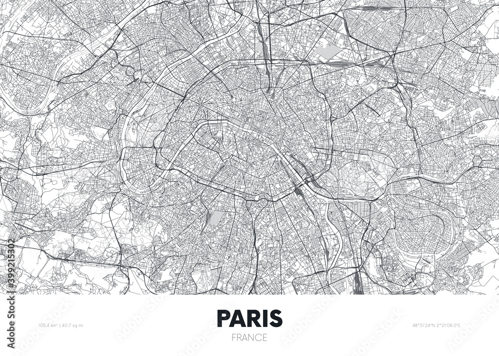 City map Paris France, travel poster detailed urban street plan, vector illustration - obrazy, fototapety, plakaty 