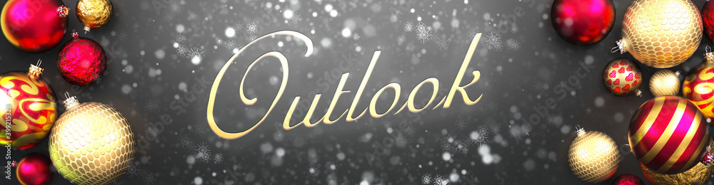 Outlook and Christmas,fancy black background card with Christmas ornament balls, snow and an elegant word Outlook, 3d illustration