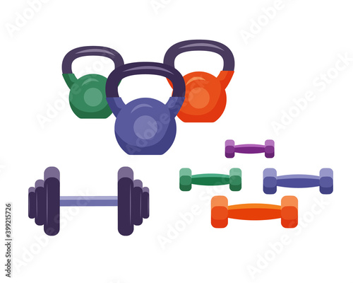Set of kettlebells and dumbbells. Vector colorful isolated illustration in flat style.
