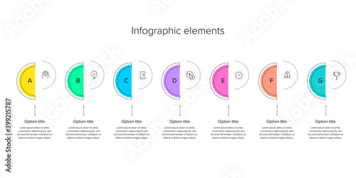 Business process chart infographics with 7 step circles. Circular corporate workflow graphic elements. Company flowchart presentation slide template. Vector info graphic design.