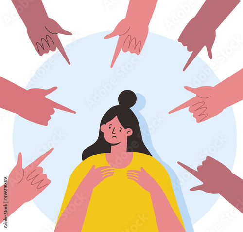 Problem of bullying concept. Young girl, woman being bullied by people. Flat vector illustration