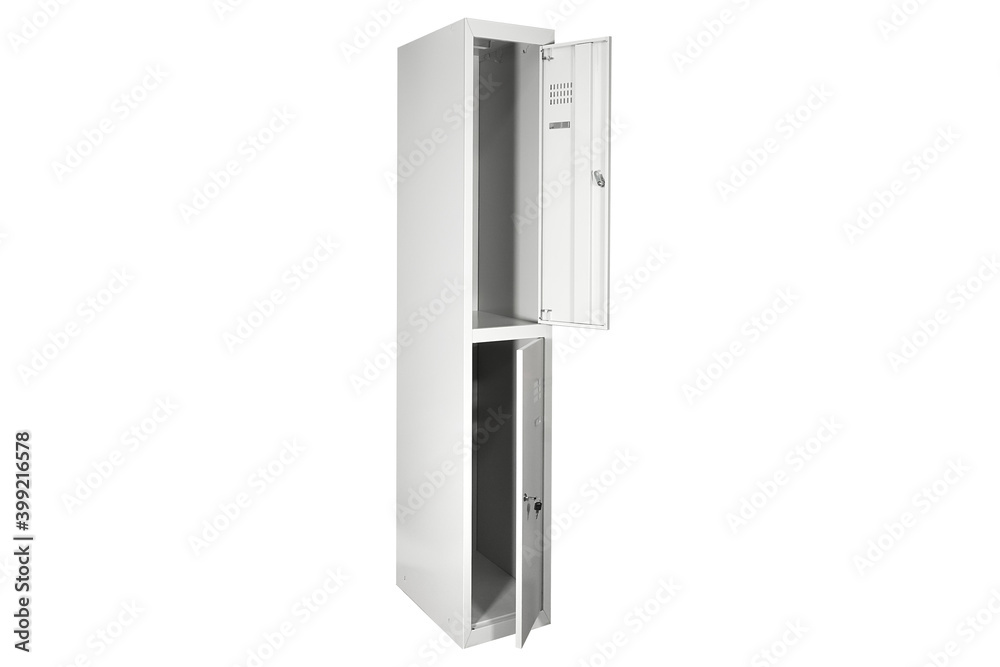 White lockers with silver numbers in bright interior. Change room metal box row