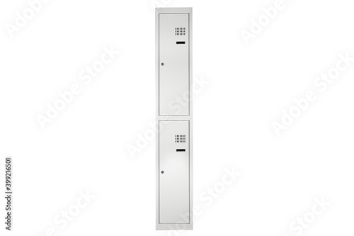 White lockers with silver numbers in bright interior. Change room metal box row