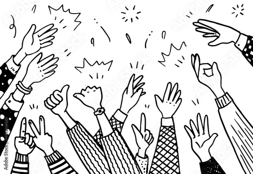 hand drawn of hands clapping ovation. applause, thumbs up gesture on doodle style , vector illustration