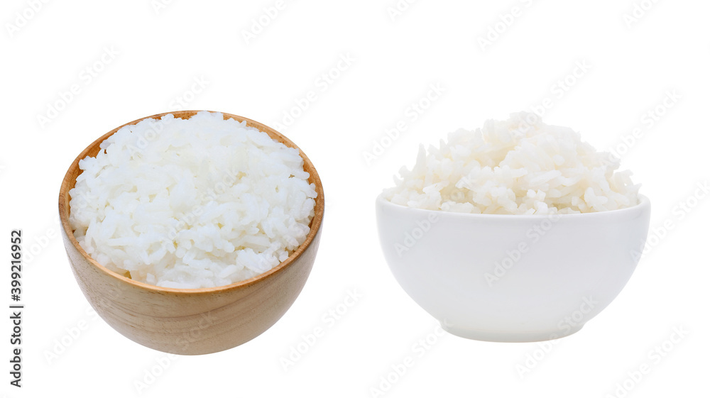 rice in wooden bowl on white background rice in wooden bowl on white background