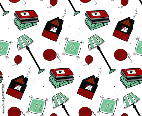 Seamless pattern with cozy home elements - lamp floor, books, pillow, little house. Vector illustration, can be used for design of textile, wallpaper.