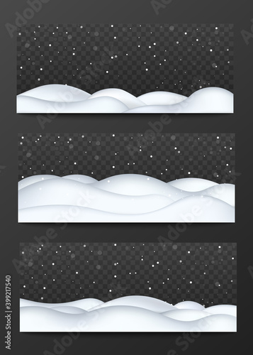 Set snow hills templates with falling snowflakes, vector illustration isolated.